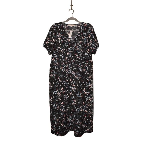 LOFT NEW $100 Pearl Print Puff Sleeve Midi Dress Black Multi Floral Medium - Picture 1 of 5
